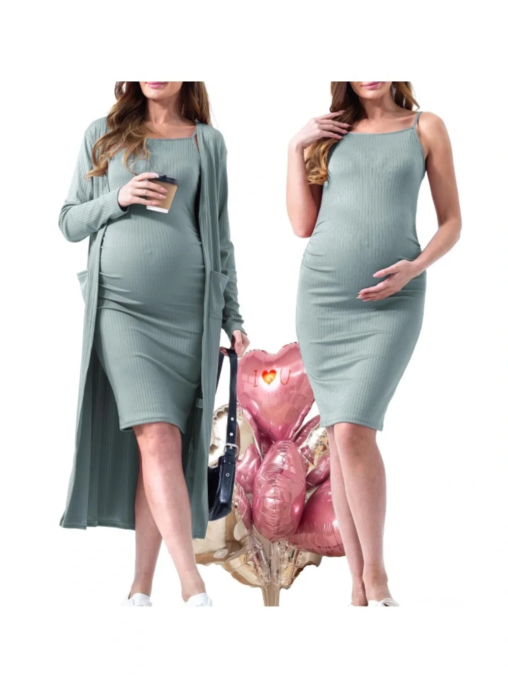 2 Piece Adjustable Maternity Dress and Cardigan Bodycon Long Sleeve Maternity - Picture 3 of 7